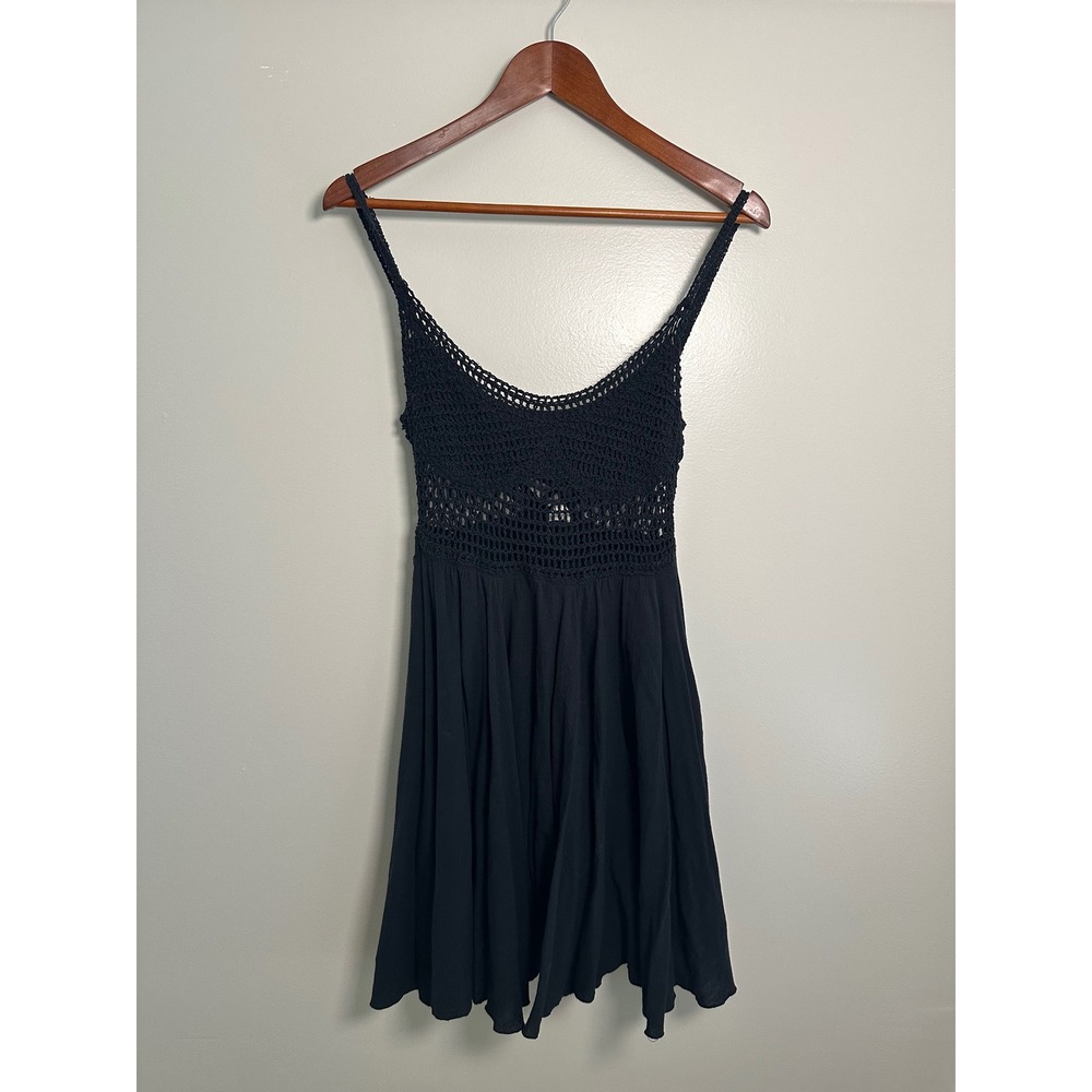 Surf Gypsy Crochet Mini Dress Women L Black EUC Boho Festival Summer Gauze Dress